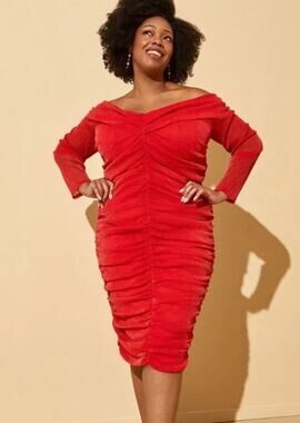 Women's Plus Size 26/28 4X / Off The Shoulder Bodycon Metallic Red Knit Dress